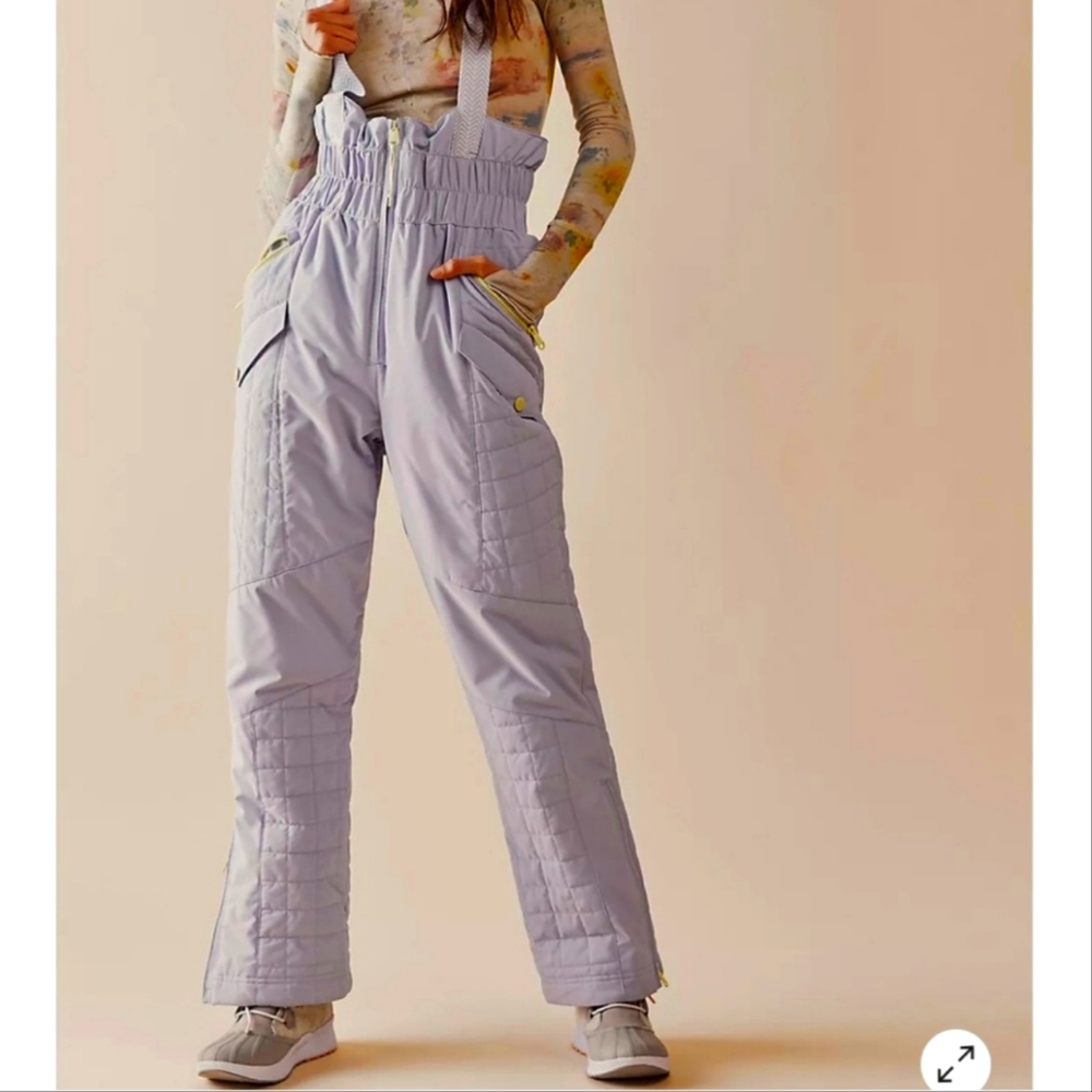 Free People Lavender Quilted High-Waist Snow Pants with Suspenders